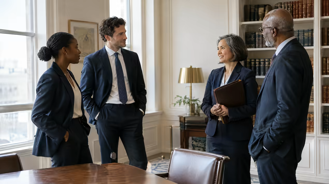 Four lawyers of the firm talking informally in a bright boardroom