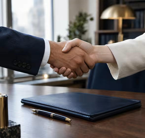 Two hands shaking across a desk over a closed navy folder and a fountain pen