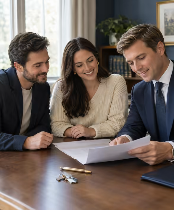 A lawyer reviewing paperwork with a couple, house keys on the table