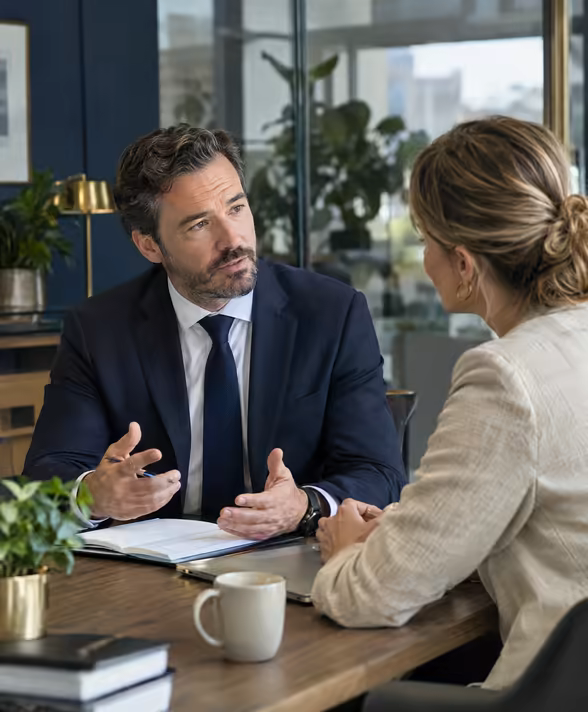 A lawyer advising a business owner in a modern office