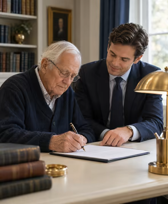 An elderly client signing a document with a lawyer's guidance