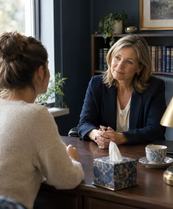 A lawyer listening attentively to a client across a desk